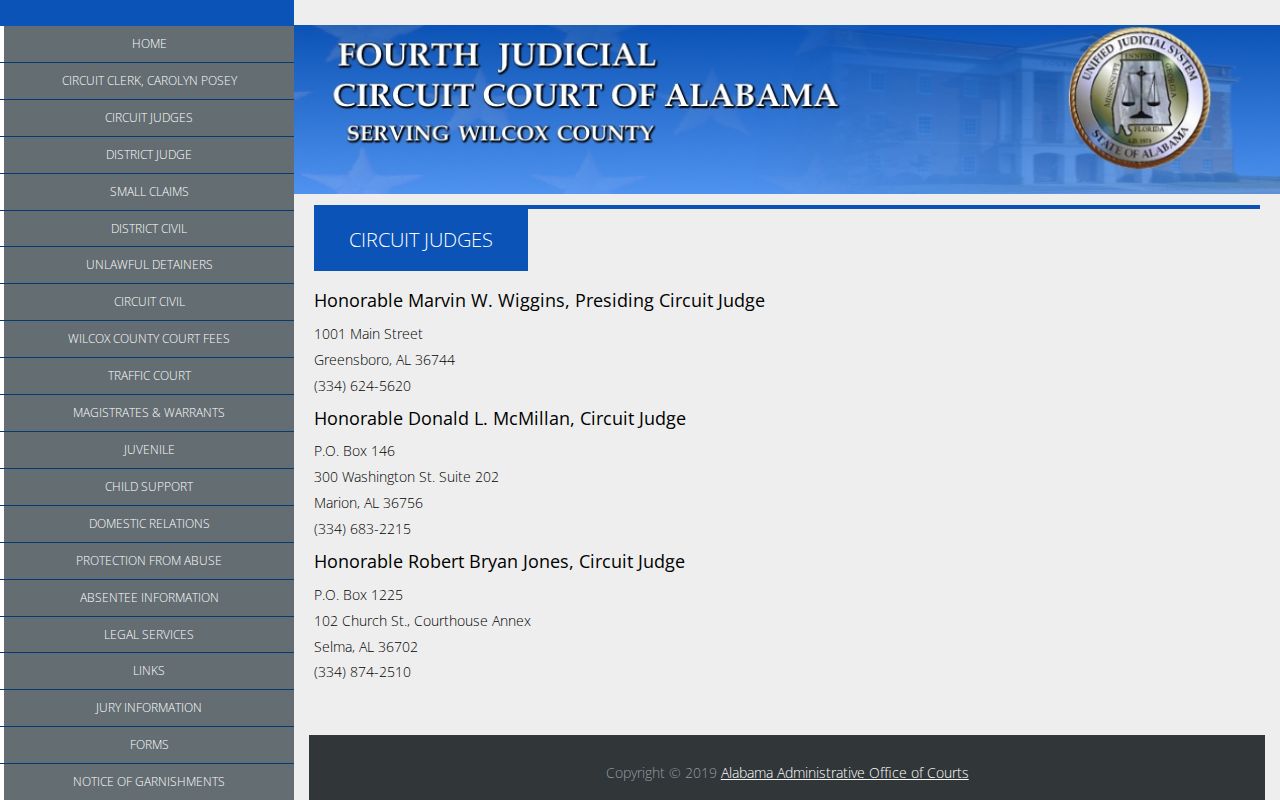 Wilcox County court dockets Fourth Judicial Circuit judges