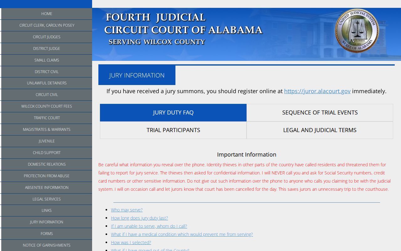Wilcox County court dockets jury reporting information