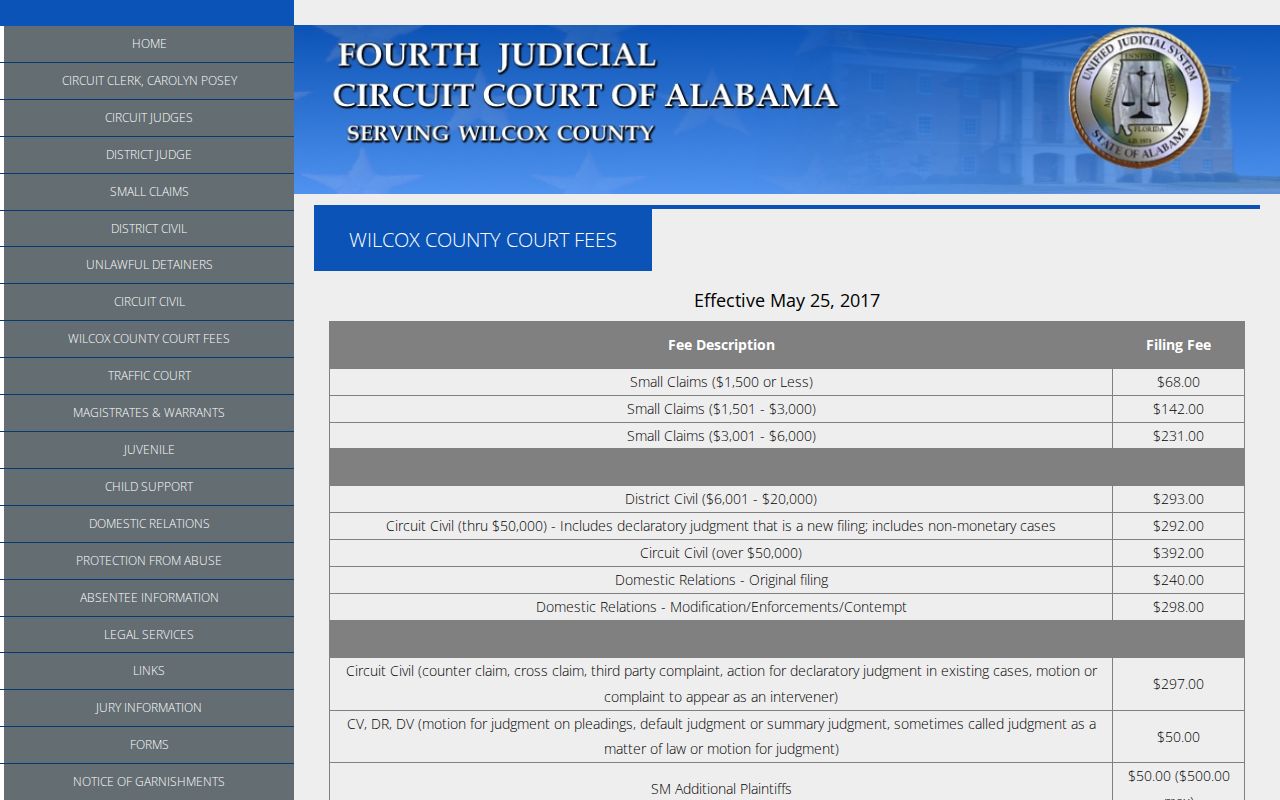 Wilcox County Circuit Court official fee schedule